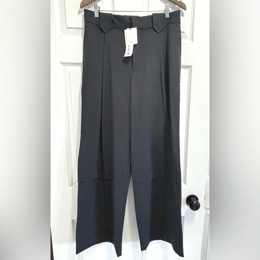 NWT Zara Wide Leg Trousers Navy Blue Pants Poly / Viscose / Elastane Blend Large - Picture 2 of 12